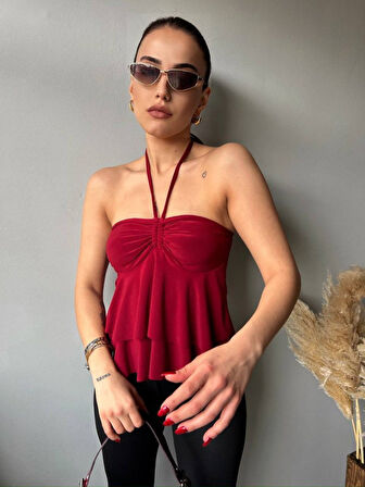 Yonca Moda Evi Kadın Halter Bağcık Detay Gloplu Bluz