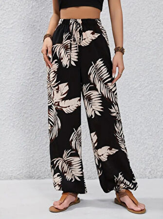 Yonca Moda Evi Kadın Beli Ve Paçası Lastikli Yaprak Desen Süprem Kumaş Pantolon
