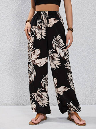 Yonca Moda Evi Kadın Beli Ve Paçası Lastikli Yaprak Desen Süprem Kumaş Pantolon