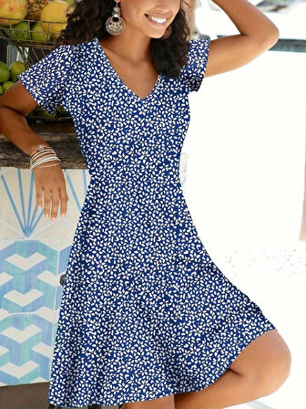 Yonca Moda Evi Kadın Kısa Kollu Mini çiçek Desen Süprem Elbise