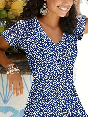 Yonca Moda Evi Kadın Kısa Kollu Mini çiçek Desen Süprem Elbise