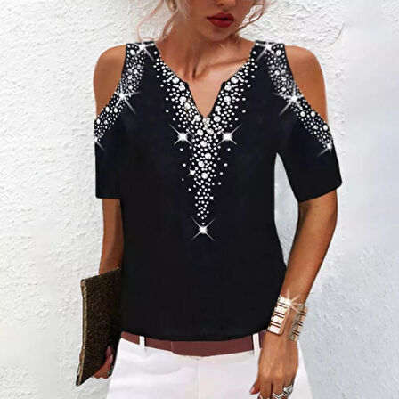 Yonca Moda Evi Kadın Siyah Omuz Pencereli önü Ve Kolu Taş Işlemeli Sandy Kumaş Bluz
