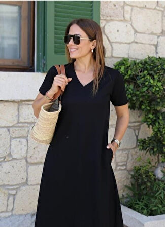 Yonca Moda Evi Kadın Kısa Kollu V Yaka Cepli Viskon Elbise