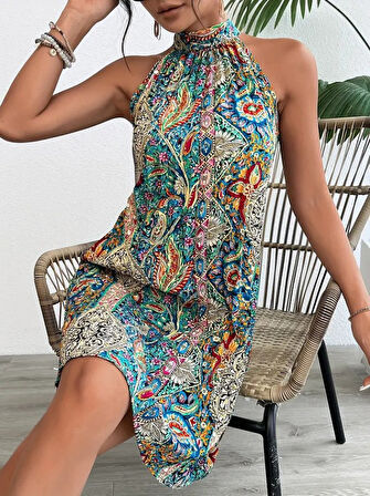 Yonca Moda Evi Kadın Kolsuz Boyundan Askılı Desenli Midi Süprem Elbise