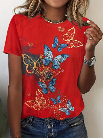 Yonca Moda Evi Kadın Kısa Kollu Mavi Sarı Kelebek Baskı Süprem Bluz
