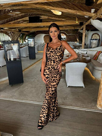 Yonca Moda Evi  Kadın Saten Kumaş Leopar Desenli Uzun Askılı Elbise
