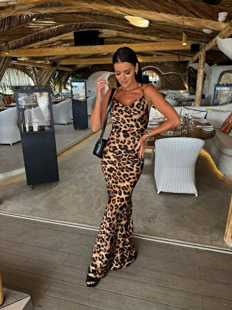 Yonca Moda Evi  Kadın Saten Kumaş Leopar Desenli Uzun Askılı Elbise