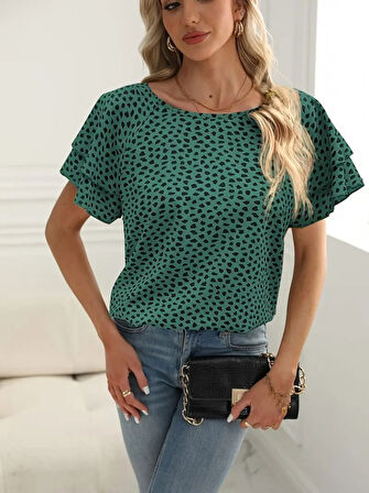 Yonca Moda Evi Kadın Kısa Kollu Kolları Volanlı Baskılı Süprem Bluz