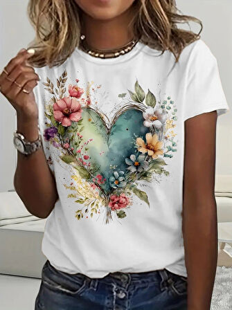 Yonca Moda Evi Kadın Kısa Kollu Bisiklet Yaka Kalp Desenli Süprem Bluz