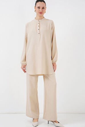 Yonca Moda Evi 6678 Keten Tunik Pantolon İkili Takım - Bej