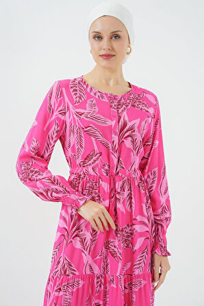 Yonca Moda Evi 2145 Desenli Tesettür Elbise - Fuşya