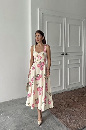 Yonca Moda Evi Ekru İnce Kemer Detaylı Elbise