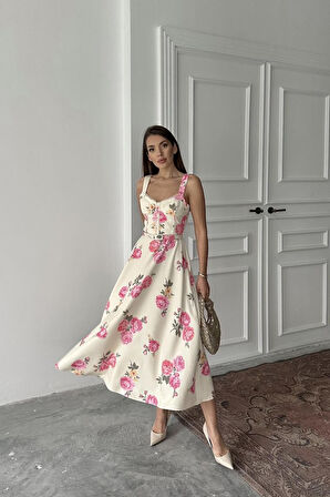 Yonca Moda Evi Ekru İnce Kemer Detaylı Elbise