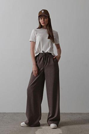 Yonca Moda Evi Beli Lastikli Bol Paça Pantolon - Kahve