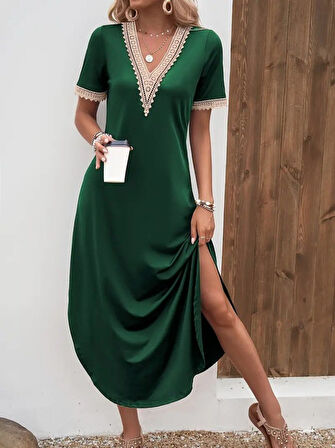 Yonca Moda Evi Kadın Kısa Kollu Dantel V Yakalı Uzun Viskon Elbise