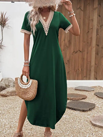 Yonca Moda Evi Kadın Kısa Kollu Dantel V Yakalı Uzun Viskon Elbise