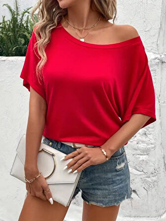 Yonca Moda Evi Kadın Tek Omuzu Açık Kısa Kollu Salaş Viskon Bluz