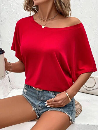 Yonca Moda Evi Kadın Tek Omuzu Açık Kısa Kollu Salaş Viskon Bluz