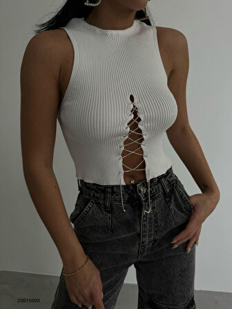 Yonca Moda Evi Taş Detay Dekolteli Crop Bluz