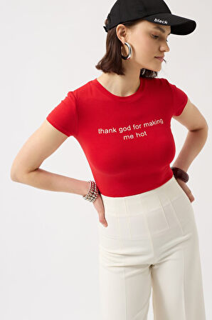 Yonca Moda Evi Thanks God Baskılı Likralı Crop T-Shirt