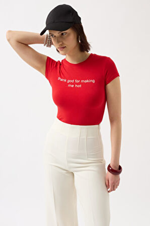 Yonca Moda Evi Thanks God Baskılı Likralı Crop T-Shirt