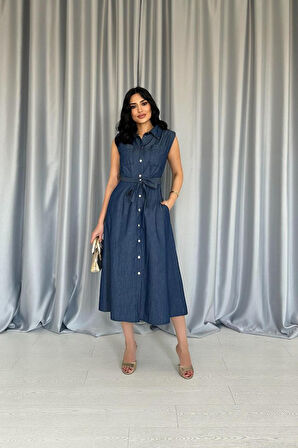 Yonca Moda Evi Mavi Tencel Çıtçıtlı Elbise