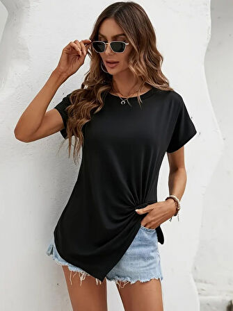 Yonca Moda Evi Kadın Kısa Kollu Asimetrik Kesim Bel Büzgü Düğüm Detay Viskon Bluz