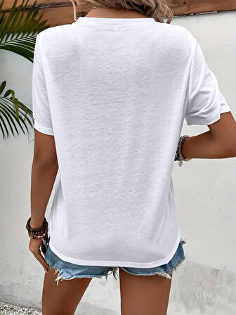 Yonca Moda Evi Kadın Kısa Kollu Bisiklet Yaka Göz Baskılı Süprem T-shirt