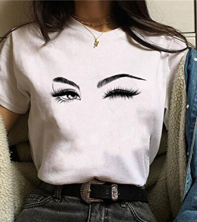 Yonca Moda Evi Kadın Kısa Kollu Bisiklet Yaka Göz Baskılı Süprem T-shirt