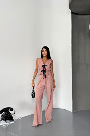 Yonca Moda Evi GOFRE BLUZ-PANTOLON TK KURDELE DETAYLI - Somon