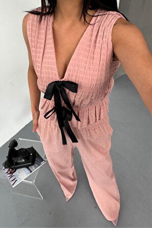 Yonca Moda Evi GOFRE BLUZ-PANTOLON TK KURDELE DETAYLI - Somon