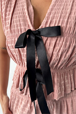 Yonca Moda Evi GOFRE BLUZ-PANTOLON TK KURDELE DETAYLI - Somon