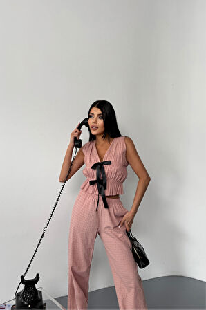 Yonca Moda Evi GOFRE BLUZ-PANTOLON TK KURDELE DETAYLI - Somon