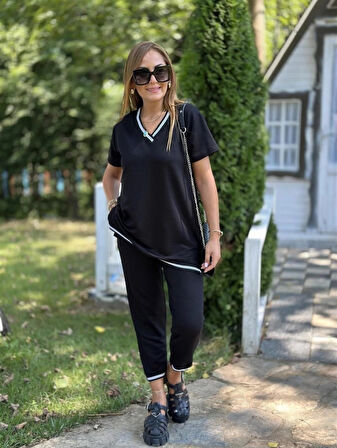 Yonca Moda Evi Kadın Kısa Kollu V Yakalı Iki Iplik Bluz Ve Pantolon Ikili Takım