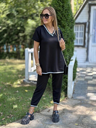 Yonca Moda Evi Kadın Kısa Kollu V Yakalı Iki Iplik Bluz Ve Pantolon Ikili Takım