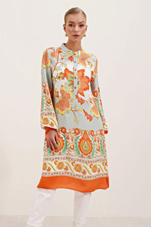 Yonca Moda Evi 5903 Desenli Viskon Elbise - Turuncu