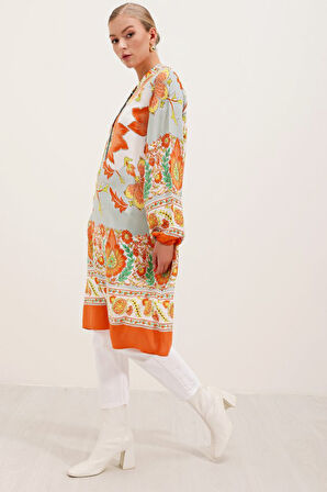 Yonca Moda Evi 5903 Desenli Viskon Elbise - Turuncu
