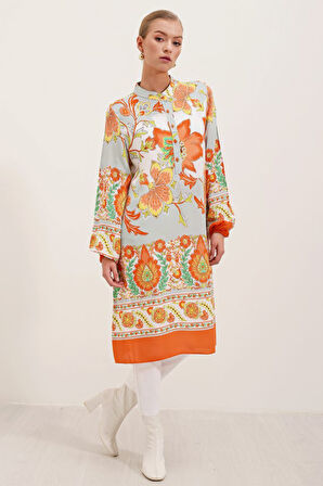 Yonca Moda Evi 5903 Desenli Viskon Elbise - Turuncu