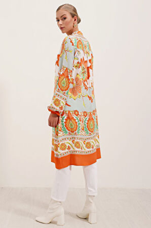 Yonca Moda Evi 5903 Desenli Viskon Elbise - Turuncu