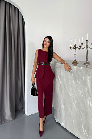 Yonca Moda Evi CEKET-ETEK GÖRÜNÜMLÜ ELBİSE  ÇİFT KEMER DETAYLI - Bordo