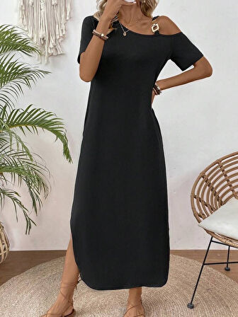 Yonca Moda Evi Kadın Tek Omuzdan Açık Toka Detaylı Yandan Yırtmaçlı Maksi Boy Viskon Elbise