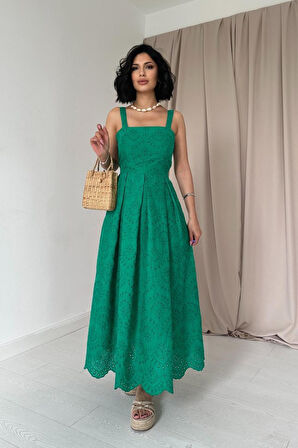 Yonca Moda Evi Yeşil Askılı Aparatlı Brode Elbise
