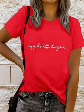 Yonca Moda Evi Kadın Kısa Kollu önü Yazı Baskılı Basic Süprem Bluz
