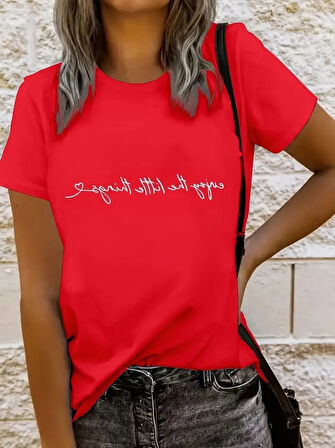 Yonca Moda Evi Kadın Kısa Kollu önü Yazı Baskılı Basic Süprem Bluz