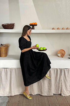 Yonca Moda Evi Siyah Balon Kollu Brode Elbise