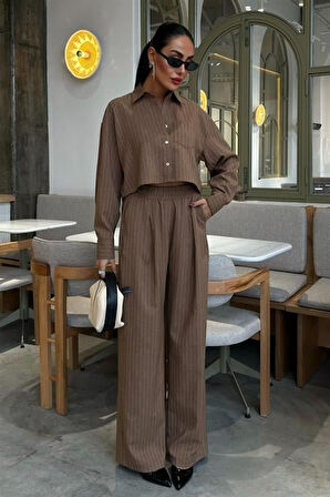 Yonca Moda Evi Crop Gömlekli Çizgili Takım 10080