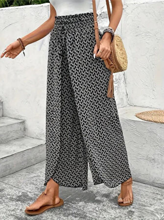Yonca Moda Evi Kadın Yüksek Bel Lastikli önden Iki Parçalı Desenli Bürümcük Pantolon