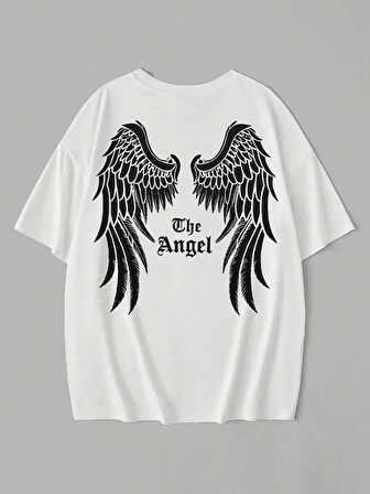 Yonca Moda Evi Baskılı Oversize Bisiklet Yaka T-shirt - Beyaz