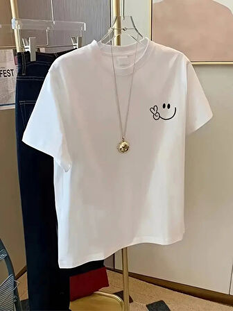 Yonca Moda Evi Baskılı Oversize Bisiklet Yaka T-shirt - Beyaz