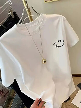 Yonca Moda Evi Baskılı Oversize Bisiklet Yaka T-shirt - Beyaz